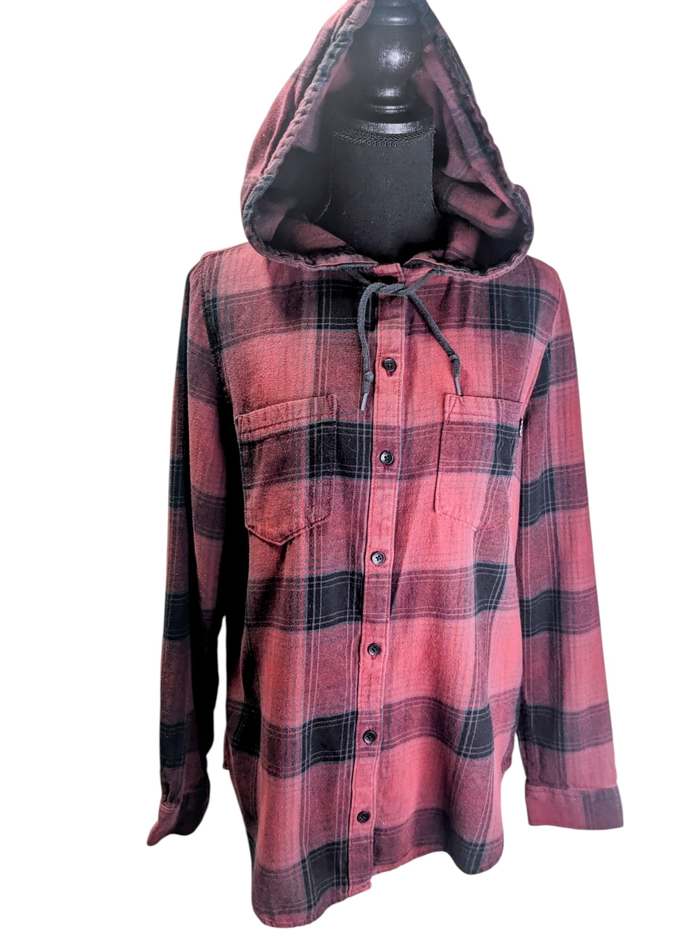 Vans Red and Black Hooded Plaid Button-Up Shirt Goth Comfort Size M